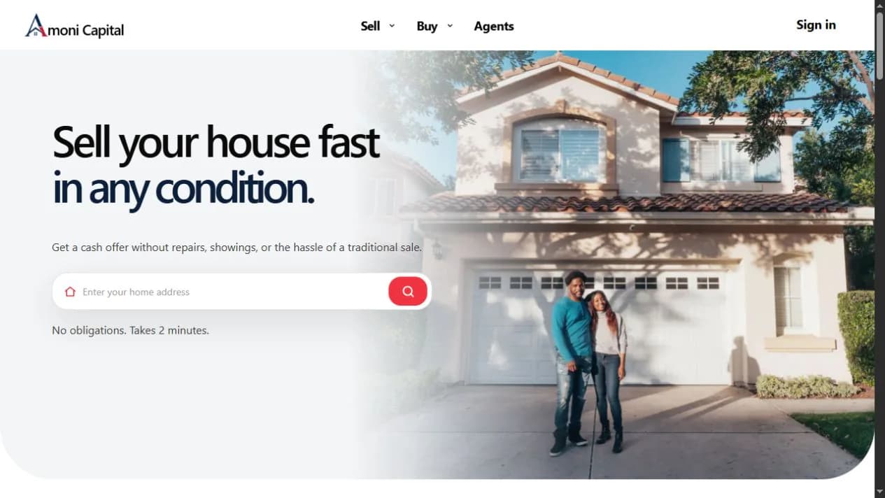 Amoni Capital homepage with an address-first property request experience