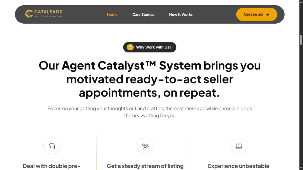 CATALEADS capability section with dark blue and gold lead-generation branding