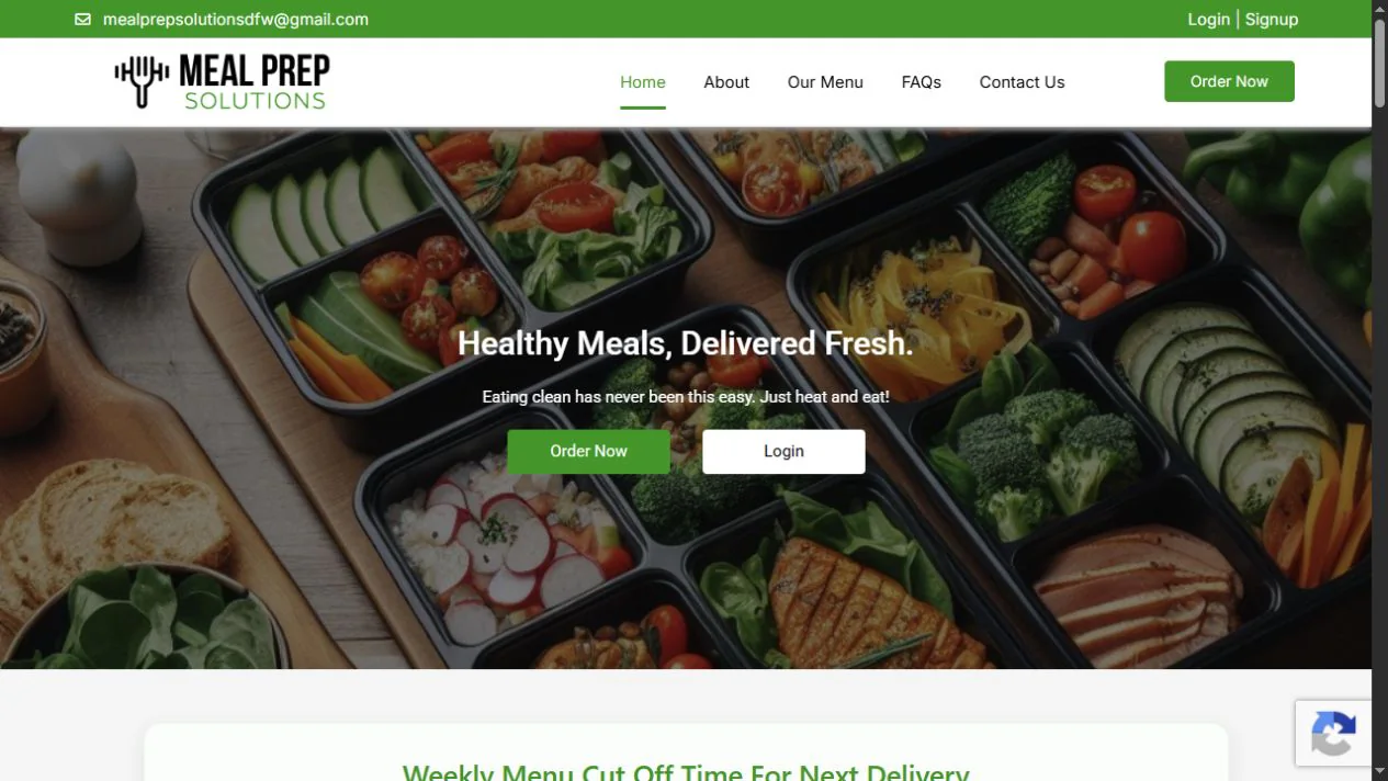 Meal Prep Solutions homepage introducing weekly prepared meals in Dallas–Fort Worth