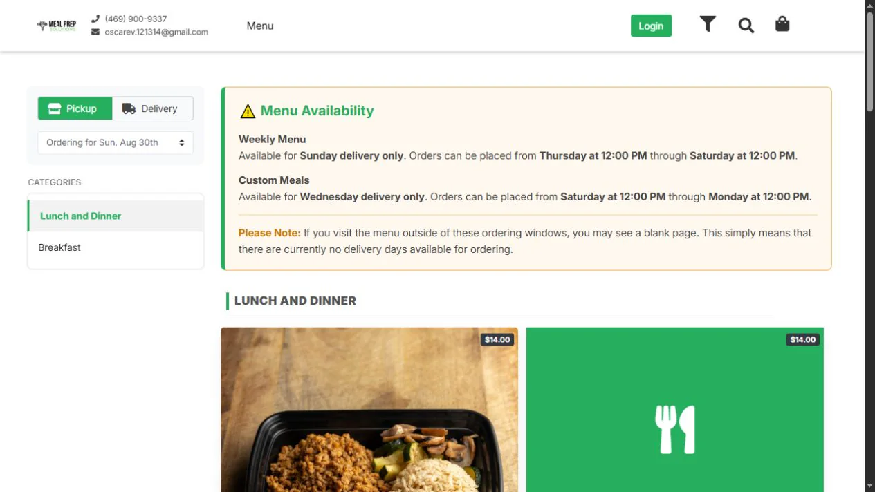 Meal Prep Solutions public ordering menu with meal categories and product cards