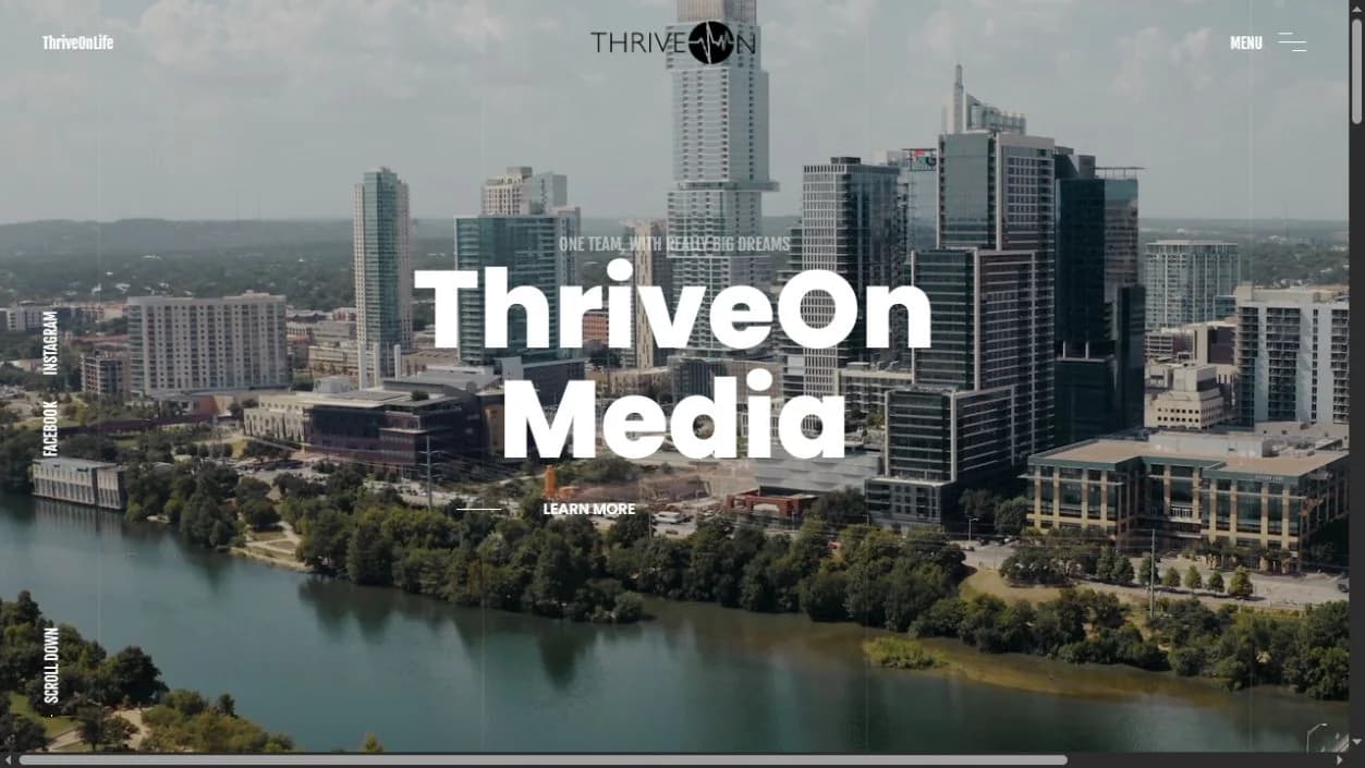 ThriveOn Media homepage with cinematic Austin imagery and high-contrast typography