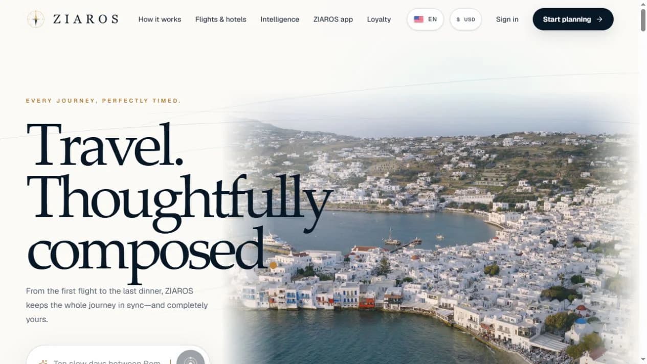 ZIAROS travel-planning homepage with destination-led imagery and product interface